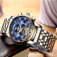 BIDEN 0191 Luxury Men Moon Phase Watches Fashionable Analog Display Automatic Mechanical Week Showed Watch