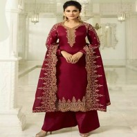 Deep Red and Gold Embroidered Satin Palazzo 4667