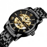 Mens Watches Black Mechanical Automatic Stainless Steel Skeleton Luxury Waterproof Wrist Watches for Men 3394