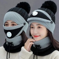 Set 3 Hats Women Winter Beanies Velvet Thick Bib Ear Protector Skulies Beanie Hat Riding Hat Female Warm knitted Wool Cap