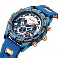 Men's Watches Business Fashion Mini Focus Chronograph Waterproof Dress Analog Quartz Wrist Watch with Silicone Band Blue -3110