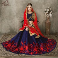 Unstitched Navy Blue and Red Embroidery Georgette Lehenga For Women-4602