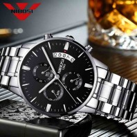 NIBOSI Mens Black Watches Dial Metal Band Luxury Famous Top Brand Men Fashion Casual Dress Military Quartz Silver Wristwatches-3194