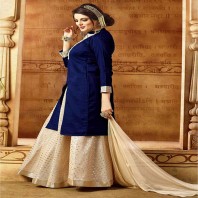 Semi Stitched Navy Blue Banarasi Silk Sharara Salwar Suit-4615